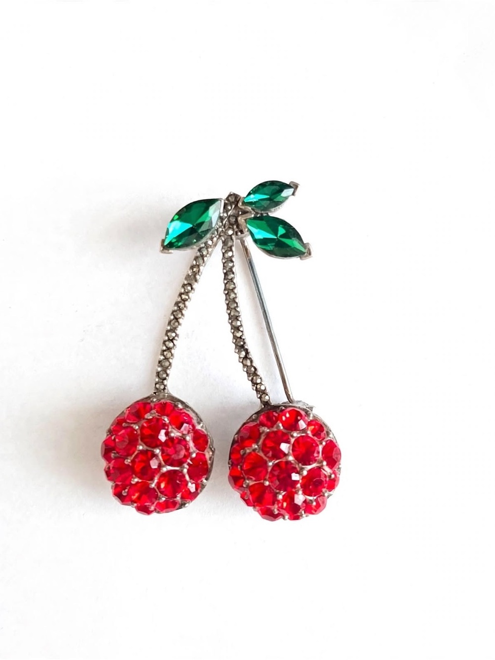 Vintage Sterling Silver Cherry Brooch 11.75g 2"-A925 Thailand Red,Green Crystals